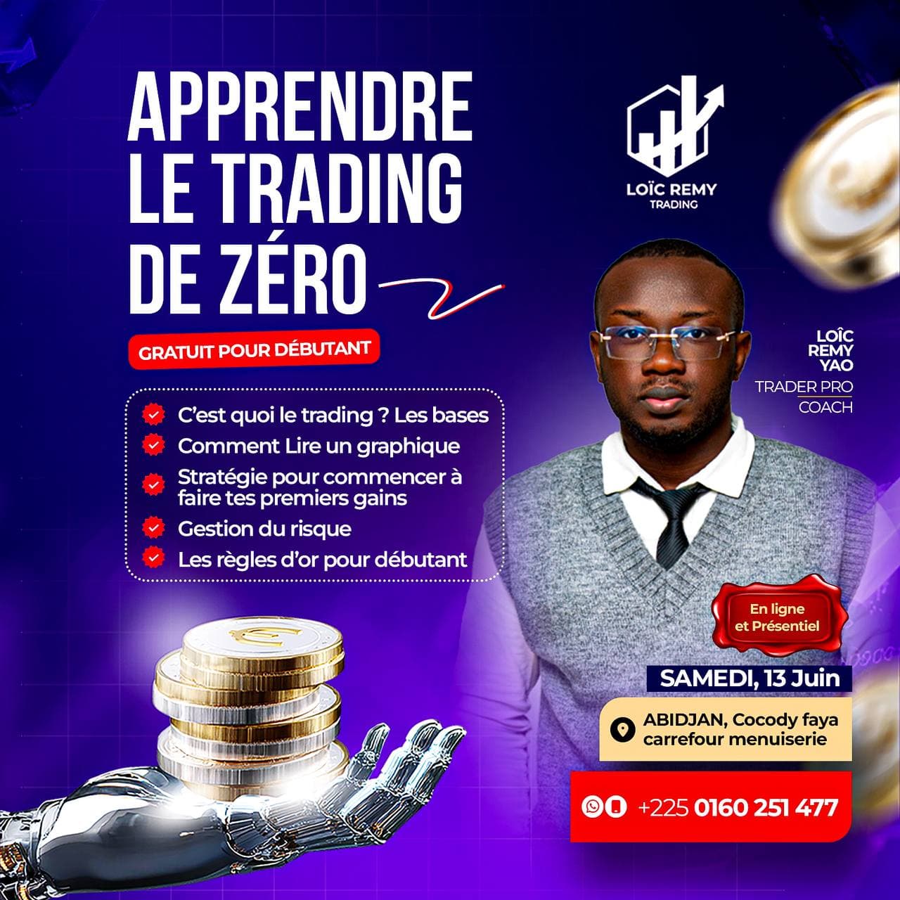 Affiche — Formation Gratuite — Apprendre le trading de zéro — 13 Juin 2026